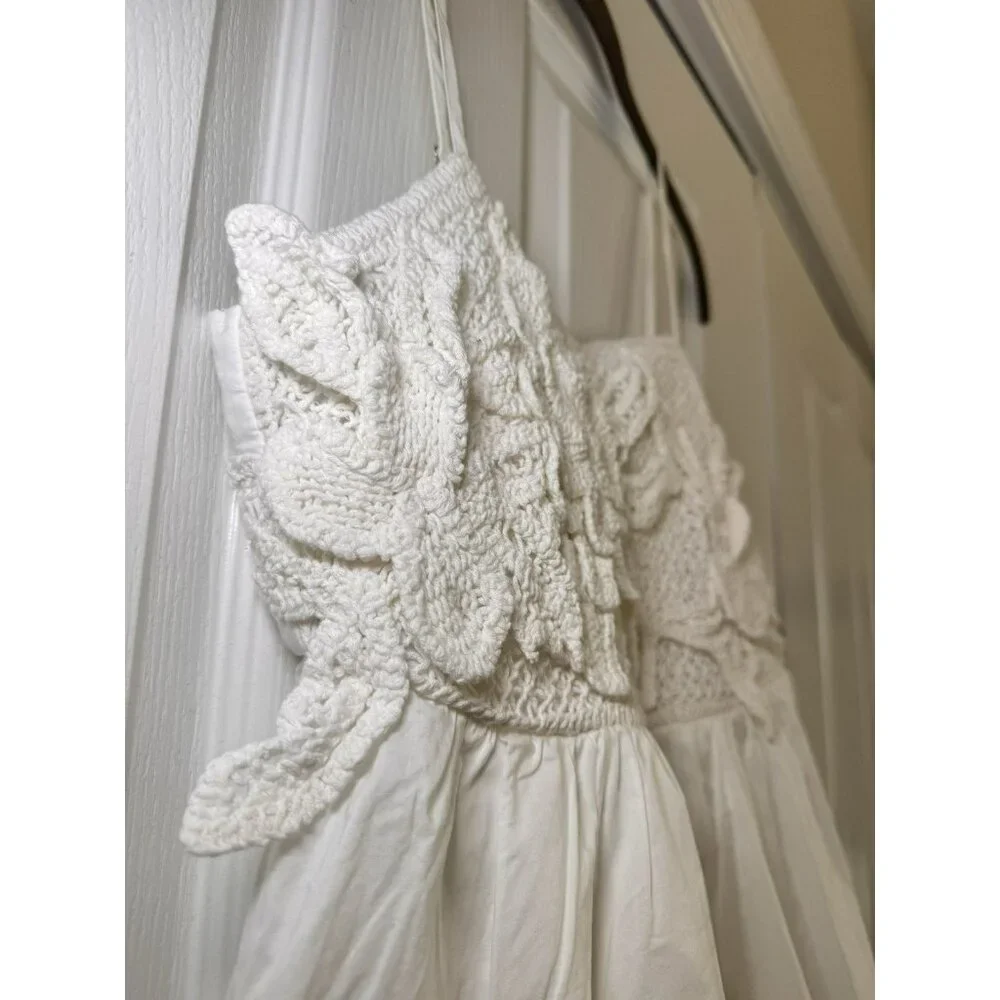 White Cottagecore Mini Dress Crochet Floral Boho Sundress Size L 10 - Picture 6 of 11